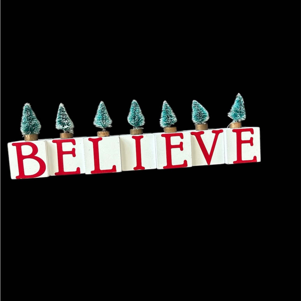 Festive 'Believe' Holiday Decor with Red Letters and Green Trees